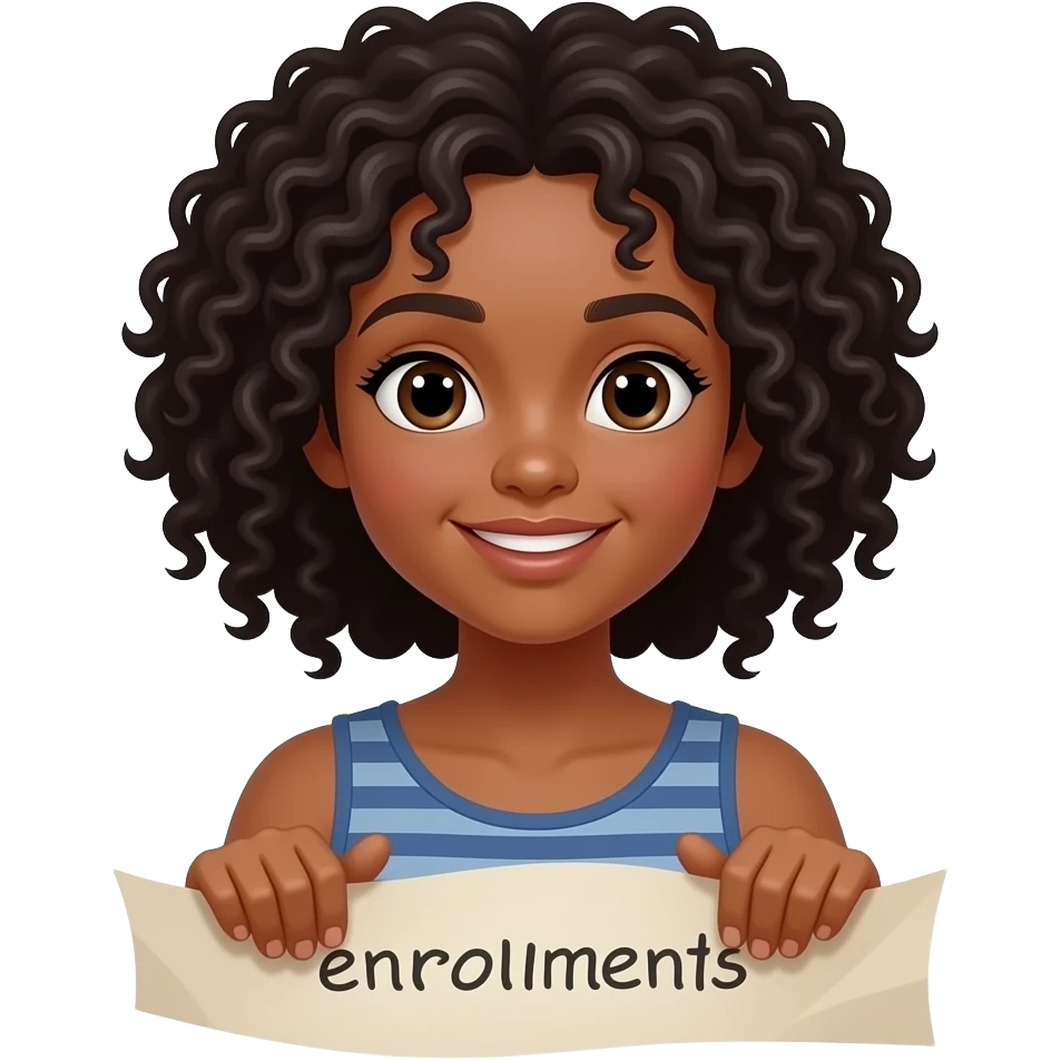 light brown girl with curly black hair rolling a paper that says enrollments emoji