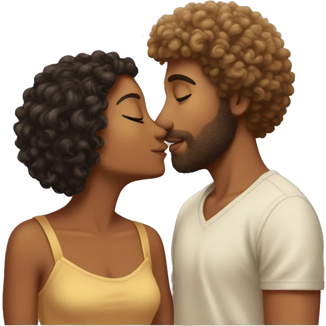 Tan guy with curly man bun giving curly fro tan girl a kiss emoji