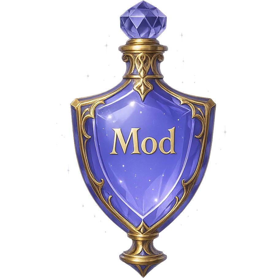 Very luxurious, exceptional crystal shield-shaped elixir bottle, color #7986cb, with inscription 'Mod', maximum glow, edges, ornaments, golden details, subtle magical effects, unique shape accents, transparent background, beautiful seamless bottom, bottle clearly floating in air, no base or shadow, premium class, modern, fits collection. emoji