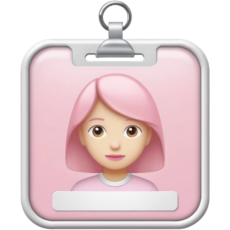 pastel pink ID badge with white text emoji