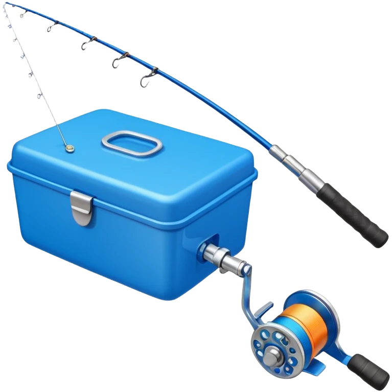 A fishing rod with reel and line neatly coiled beside a bait box. emoji