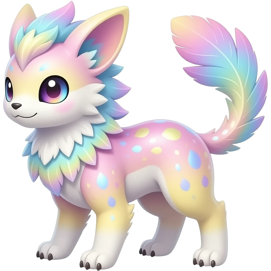Rare realistic exotic pastel whitish pinkish yellowish gradients shiny sparkly divine celestial spiritual iridescent cute epic pretty beautiful handsome gorgeous aesthetic colorful vibrant Vernid-Trico-species-Fakemon-creature by LiLaiRa, 4 legs, 1 tail, random markings, (full body) emoji
