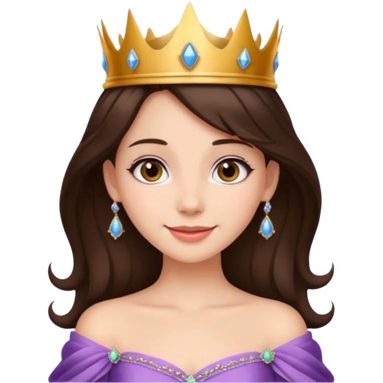 a beautiful brunette hair princess, wear a crown, wearing a gown with elegant piercing and smile gently  emoji