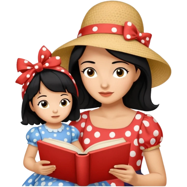 A black hair mother in a ribboned hat wearing polka dot dress reading a storybook to her child. emoji