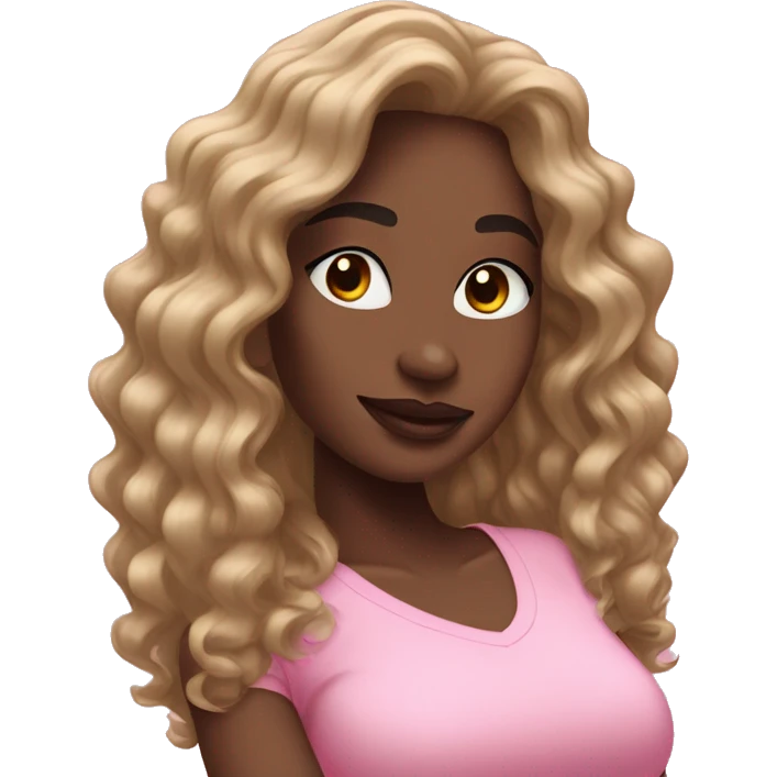 Pretty black woman long wavy hair listening to pink AirPod max earphones  emoji