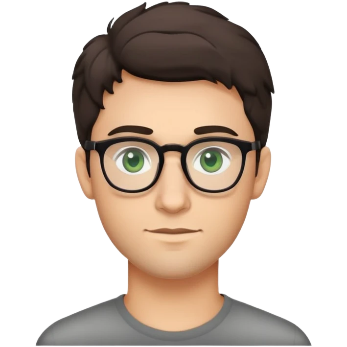 young man with dark poofier slightly curled hair wearing glasses with green eyes and very light stubble, minimal facial hair, with a slight smile emoji