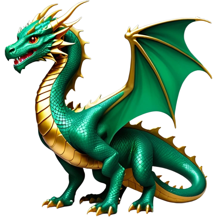 cinematic-noble-dragon-full body-emoji,-poised-and-majestic,-with-a-sinuous,-elongated-build-and-shimmering,-scale-covered-skin-in-hues-of-emerald-and-gold,-piercing,-fiery-eyes,-simplified-yet-sharp-and-sophisticated-features,-highly-detailed, zoomed out showing the serpentine body emoji