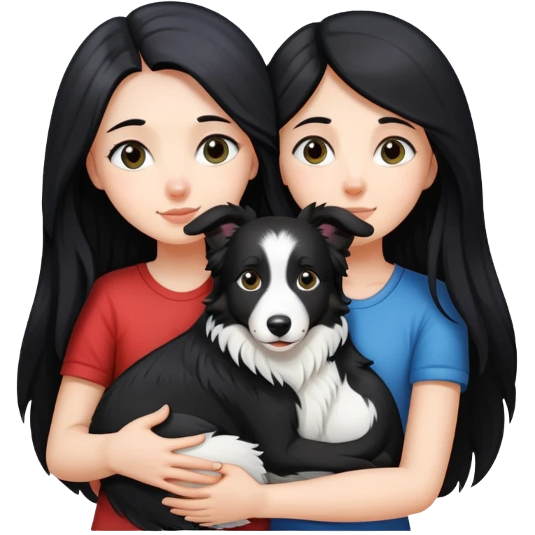 A white girl with long black  hair tightly hugged a Border Collie emoji