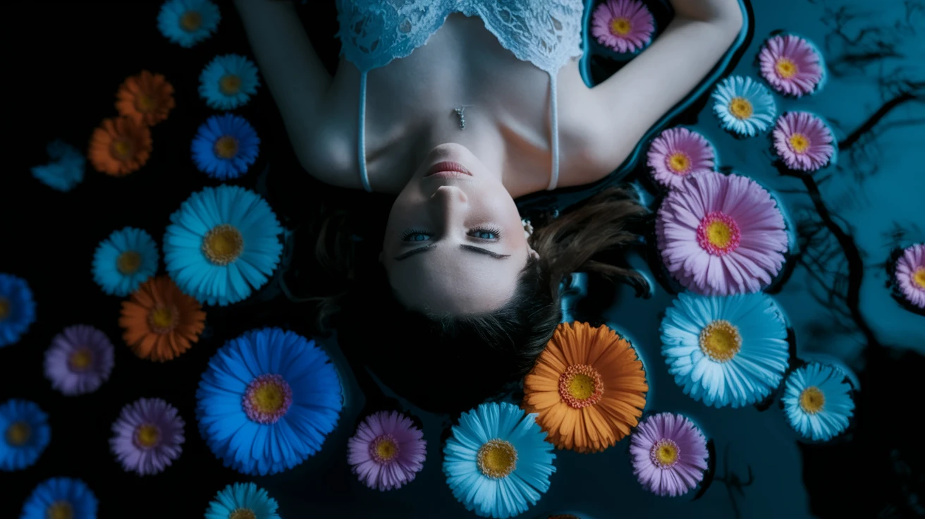 Camera drom top, Motion blur Extreme Closeup photo of a beautifull woman lay around beautifull colorfull flowers in water, cinematic light, 8K, very detailed, sharp, depth (foreground, midground, background) Spotlight, dark environemnt, blue and orange colors emoji