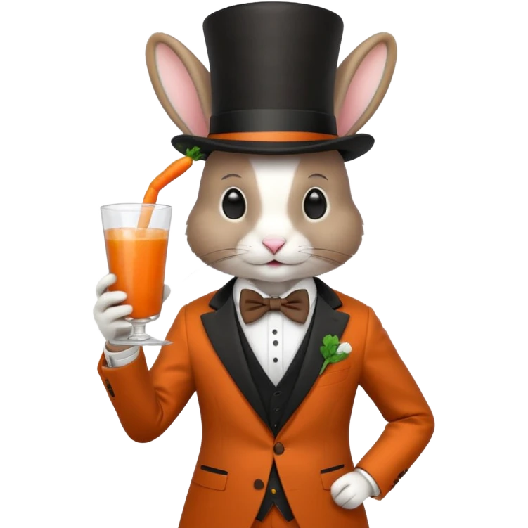 rabbit wearing suit, bowtie and top hat, holding glass of carrot juice emoji