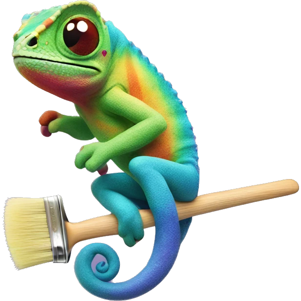 Rainbow Chameleon sits on a brush emoji