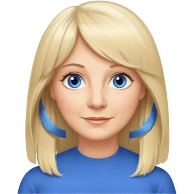 50 yr old white woman, curtain bangs, very long straight blond hair, oval face, small smile, blue eyes, thin face, hair down to elbows, round cheeks, pale emoji