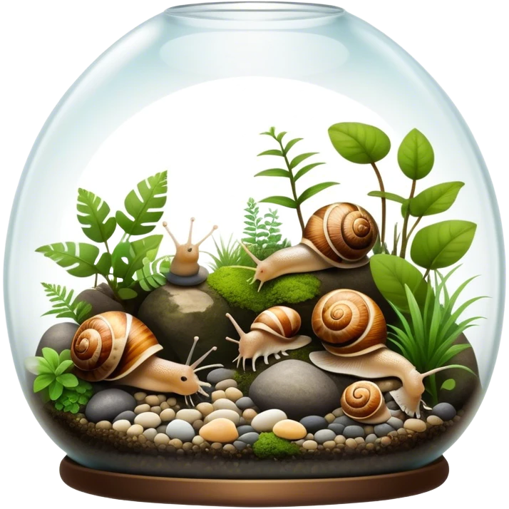 A collection of various snails and mollusks inside a big, lush terrarium with plants and moss. Some snails are crawling along the glass while others rest on pebbles. The scene is serene with soft lighting, showcasing the natural beauty of the mollusks. Transparent background. emoji