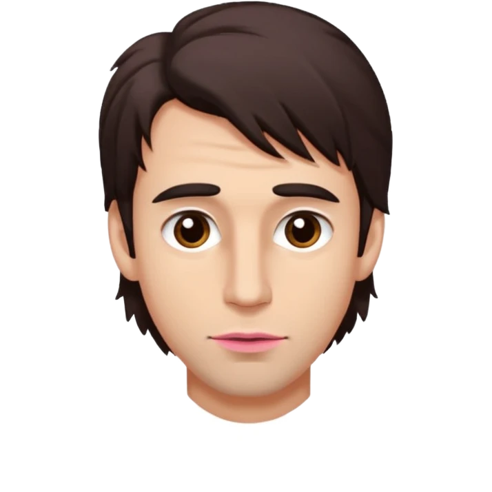 Handsome white man with big brown eyes thin pink lips long nose and dark brown messy hair cover his forhead emoji