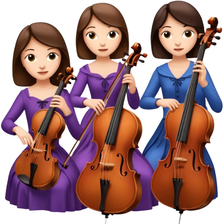 Create an imagine of three brunette women playing string instruments, the first is playing a cello, the second is playing a viola and the third is playing the violin emoji
