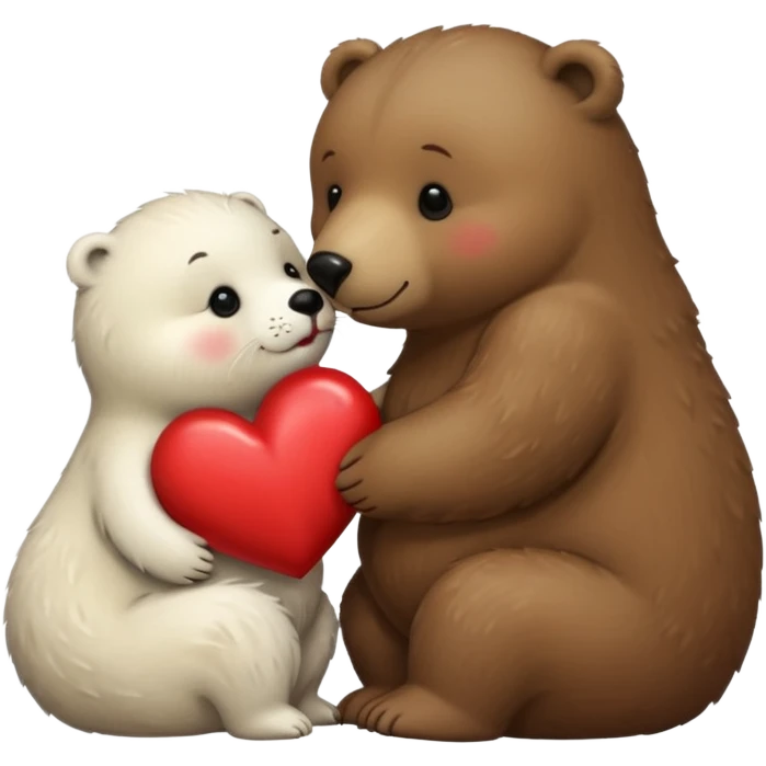 tiny white seal kissing a big brown bear with a heart between them emoji