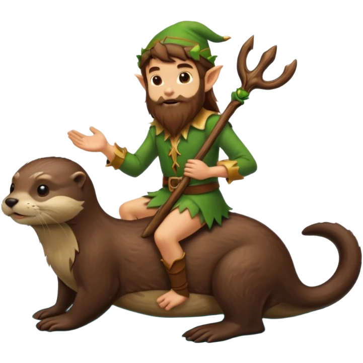 tiny forest elf man long brown hair beard riding an otter emoji