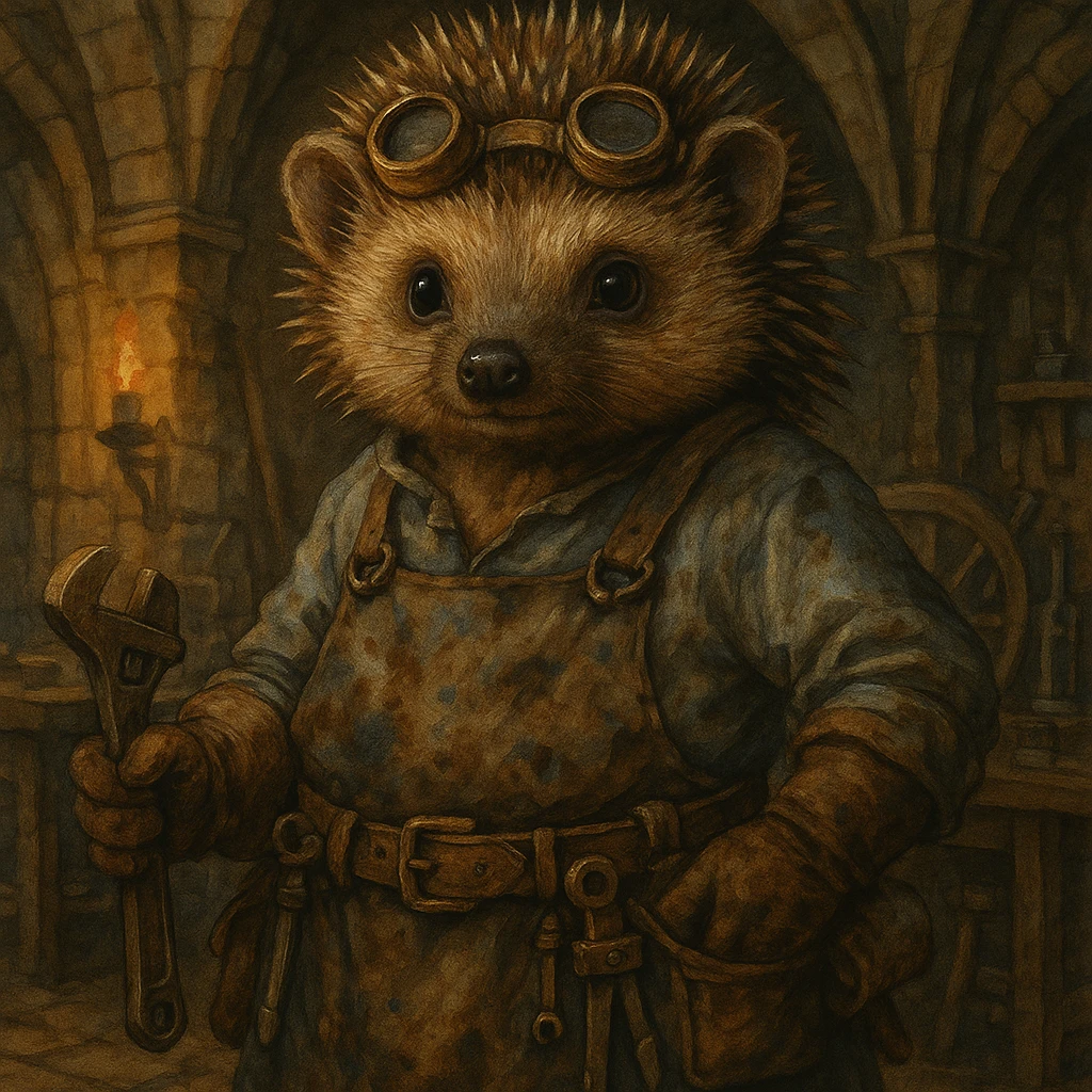 anthropomorphic hedgehog engineer, stained uniform, medieval workshop background, direct gaze, dungeons and dragons fantasy, detailed illustration, artstation quality emoji