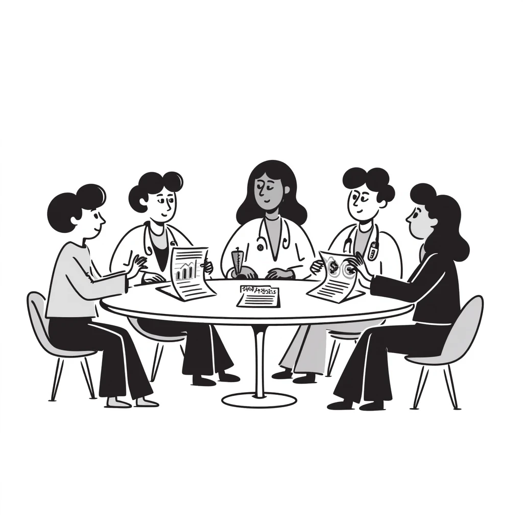 Hand-drawn meeting of emergency medical fund committee with doctors, nurses and financial documents emoji