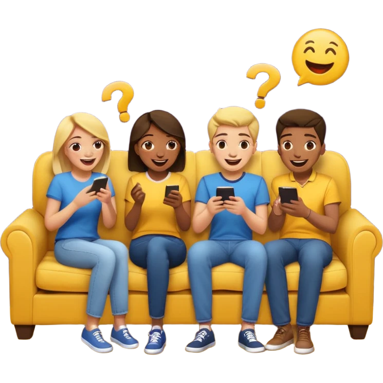group of friends on couch playing a trivia game couch should be deep dark yellow color emoji