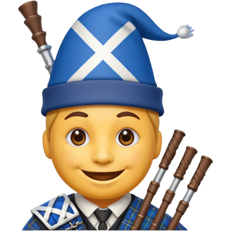 Create a smiling emoji based on "party face with party hat" emoji. Use a blue and white colors from the Scottish Saltire. Include bagpipes next to the emoji, incorporating tartan Blending scottish details blending into the design. emoji