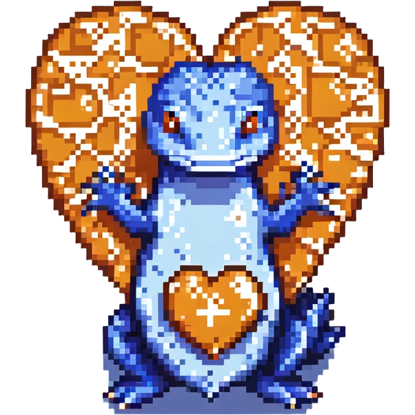 blue salamander with a square pattern on its skin, holding a heart emoji
