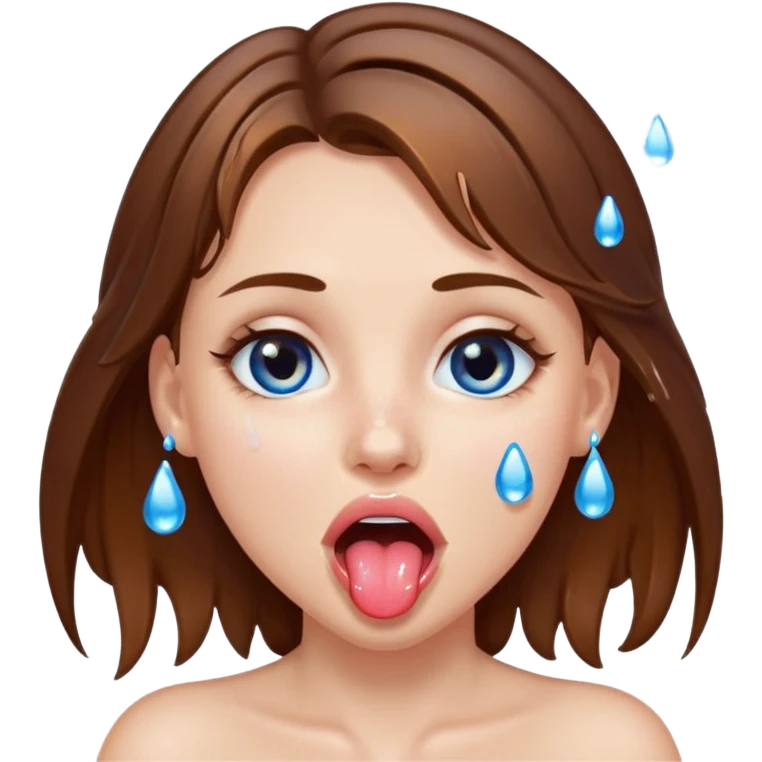 Girl with brown hair, blue eyes, a wet face and her tongue out. Can you make her face more wet? Can you add clear water droplets on her face and tongue? No water below her. Just on her face, hair and tongue. I like the first one in the top left corner. Can you do more variations of it emoji