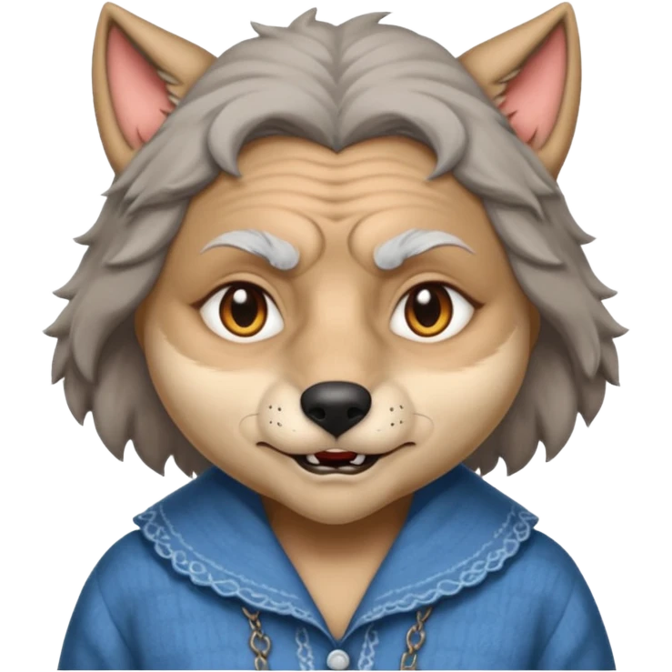The big bad wolf is wearing Grandma's clothes, yet its face still looks like a wolf's. emoji