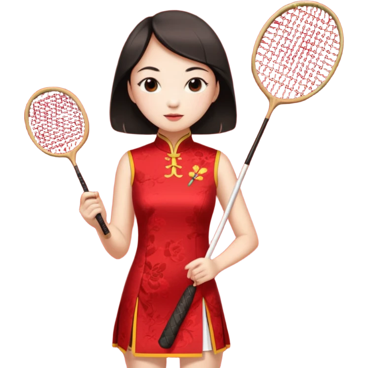 ancient cheongsam girl with 1 badminton racket, red emoji