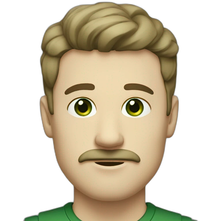 white man with moustache with a gap in the middle, dark brown straight hair fringe, forest green coloured eyes emoji