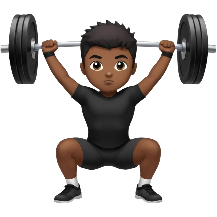 A boy with dark skin, black color front spike hair and wearing a black shirt is doing an overhead squat with a lot of weight on the barbell emoji