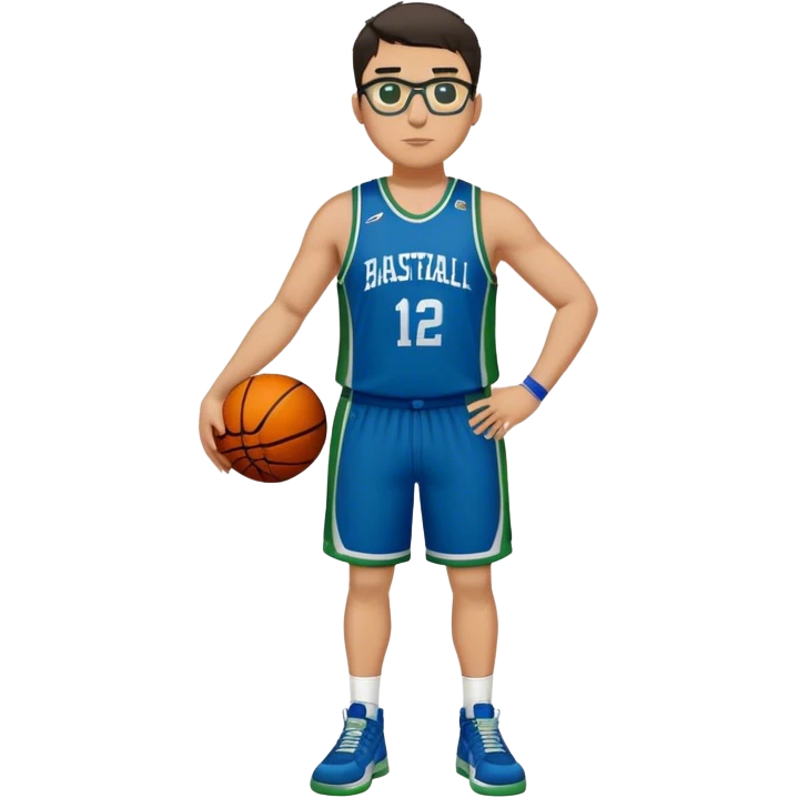 Full Body plus size tall white male with dark short hair basketball player wearing glasses wearing blue  with green uniform emoji