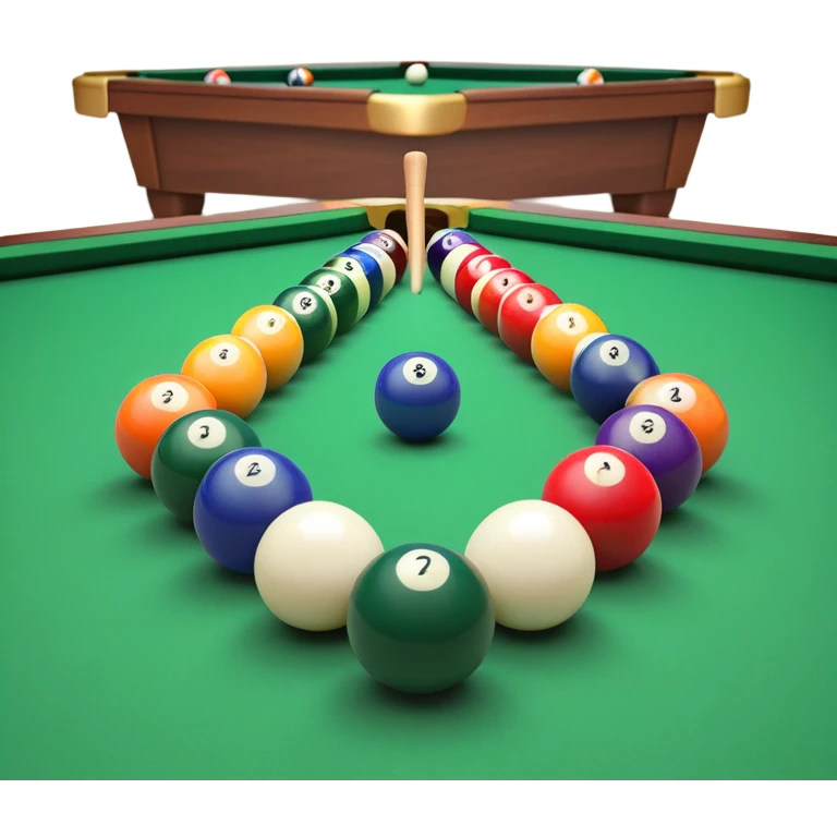 A close-up of a billiard table with a cue stick lined up to strike a colorful set of balls. The focus is on the precision of the shot, with the table’s green surface and the triangular arrangement of balls, creating a dynamic scene of strategy and concentration in the game of billiards. emoji