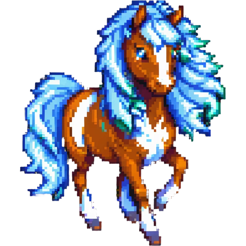 a free rein horse, mane flowing, joyful, pixel art style emoji