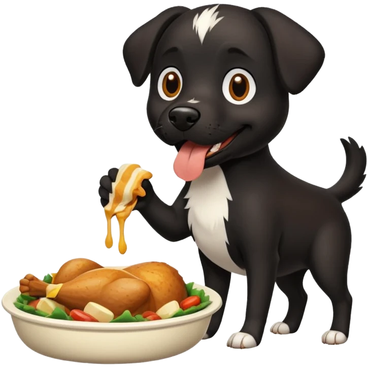 Can you create a black dog with a white stripe chasing it’s own tails and eating chicken emoji