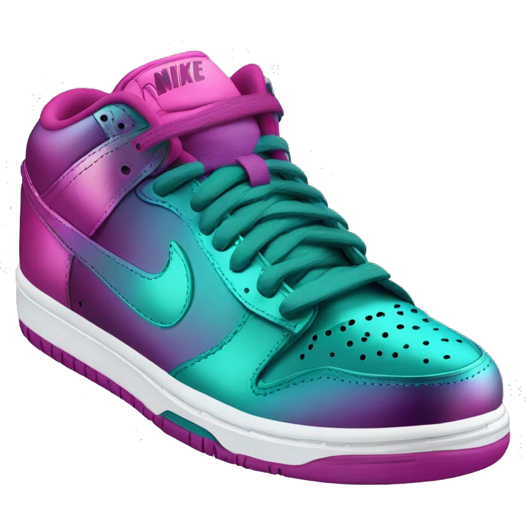 Realistic isolated top front view of a pair of metallic teal and metallic magenta ombre Nike Sneaker tennis shoes. emoji