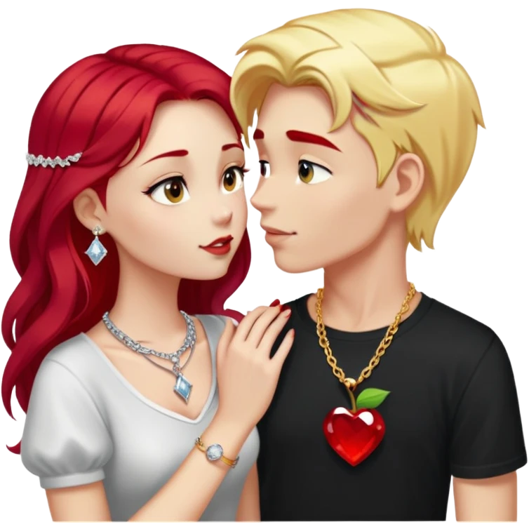 young couple kissing, girl with long cherry red hair and blonde eyebrows, gold A necklace, diamond ring, red bracelet, light clothes, boy with SHORT SNOW WHITE hair, silver ring with black stone, dark t-shirt emoji