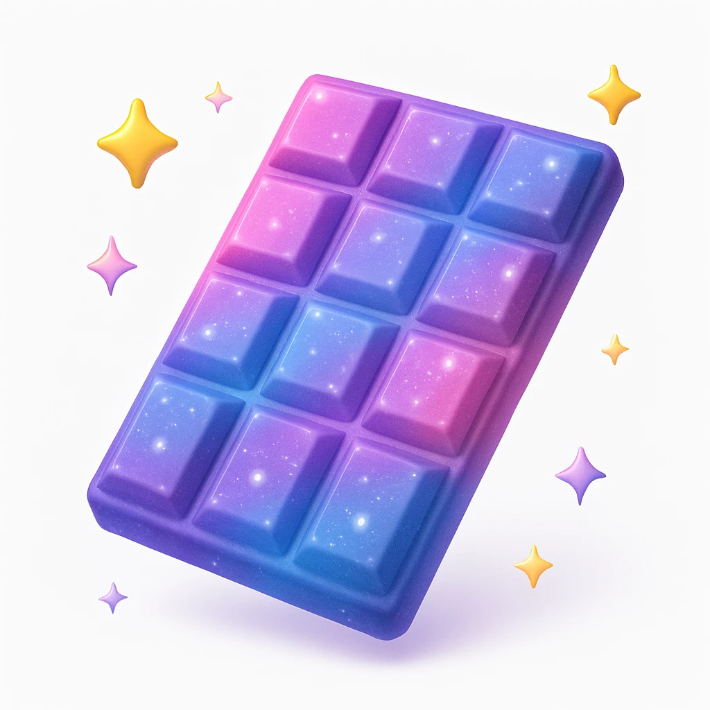 A chocolate bar with pink, blue, and purple colors, with a galaxy pattern, in 3D iOS style, with a white background, surrounded by small stars and sparkles. emoji