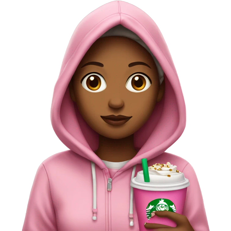 girl in hoodie with jewelry with pink starbucks emoji