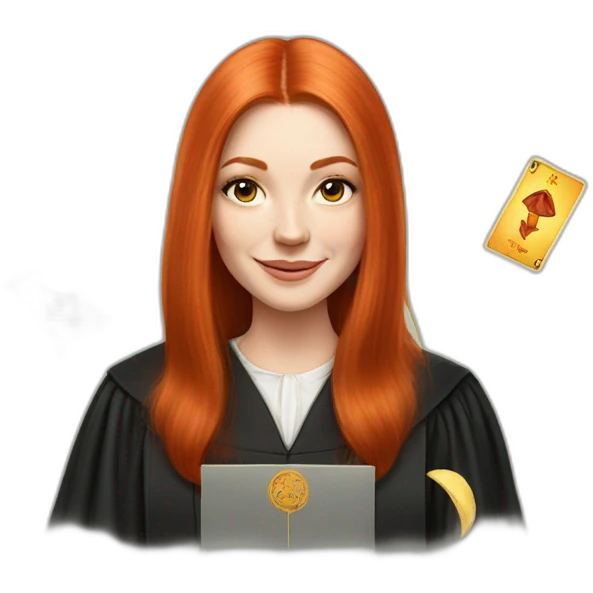 redhead white woman medium long straight hair, celebrating graduation with tarot cards emoji