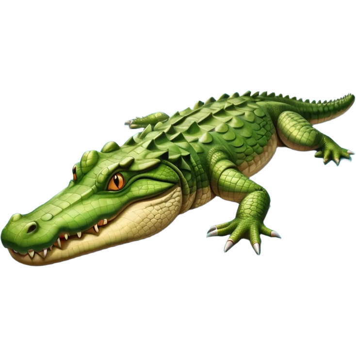 A large crocodile resting on a riverbank, part of its body in water, realistic scales and reflections, natural sunlight. emoji
