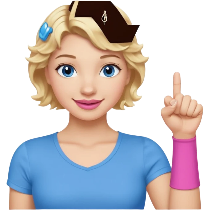 Girl Blonde short wavy hair,  blue eyes, cute blue top, long lashes, pink lips, smiling, fist bump emoji