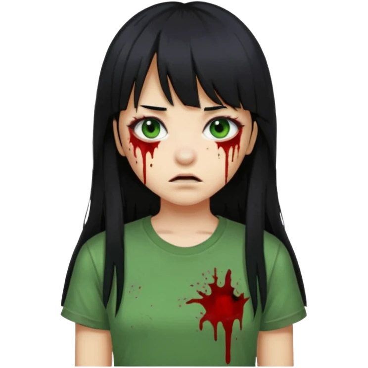 Garota de cabelo longo e preto com franja com a pele esverdeada e ferimentos expostos cobertos com sangue, usa uma camiseta branca rasgada e suja de poeira  emoji