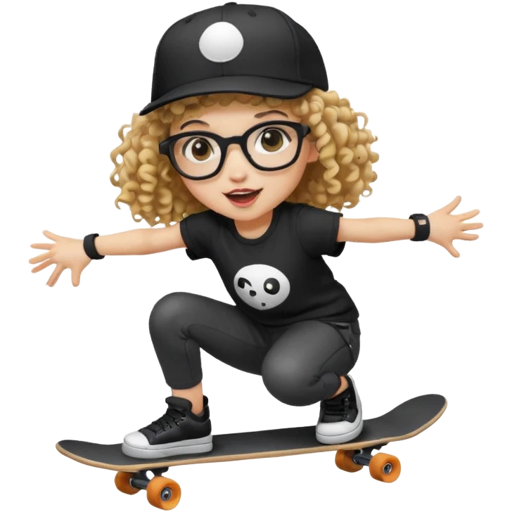 ["An excited girl with light skin, curly hair, wearing a baseball cap and square glasses, dressed in goth fashion, is skateboarding while holding a camera."] Pixal emoji