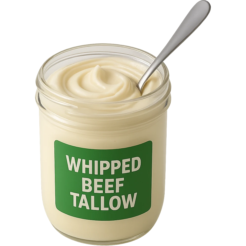 jar of whipped beef tallow, green label, spoon inside, creamy swirl, clean background emoji