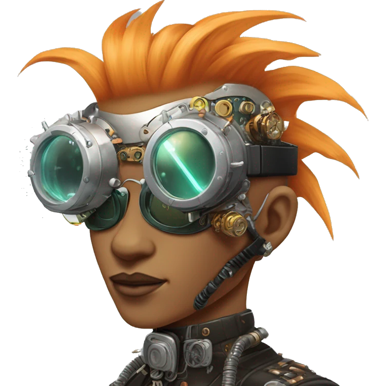 Light orange Mohawk hair make cyborg head with silver steampunk goggles and circuits emoji
