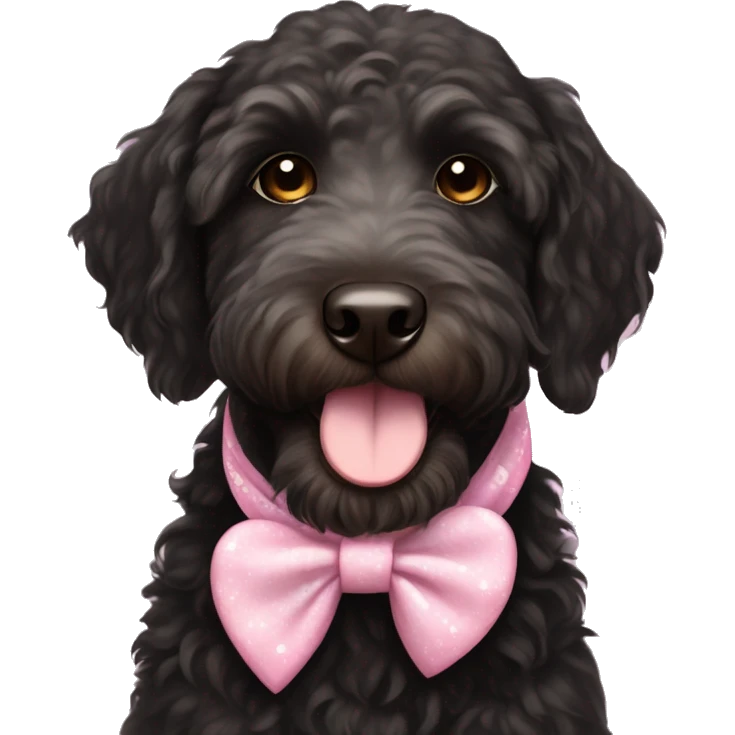 Black labradoodle female dog brown eyes with pink bows and white bandana with hearts emoji