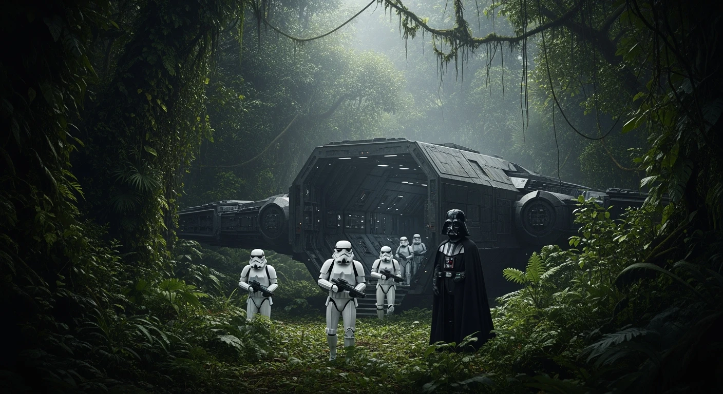 cinematic still, Medium shot, amazon jungle, Darth Vader around stormtroopers coming out from starship on ground, they are exploring the jungle, inspired by StarWars movie, captured by arri alexa emoji