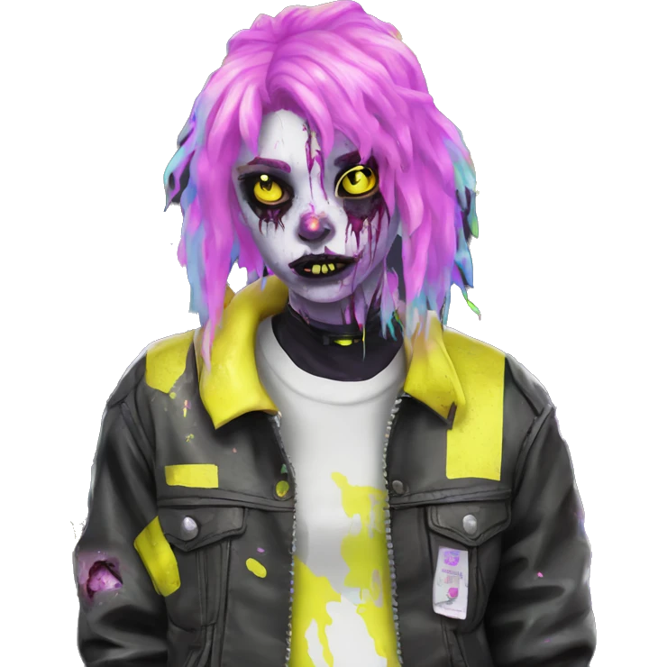 .Zombie_ wearing punk clothes Vaporwave black holographic oilslick zombie unicorn yellow caution tape emoji