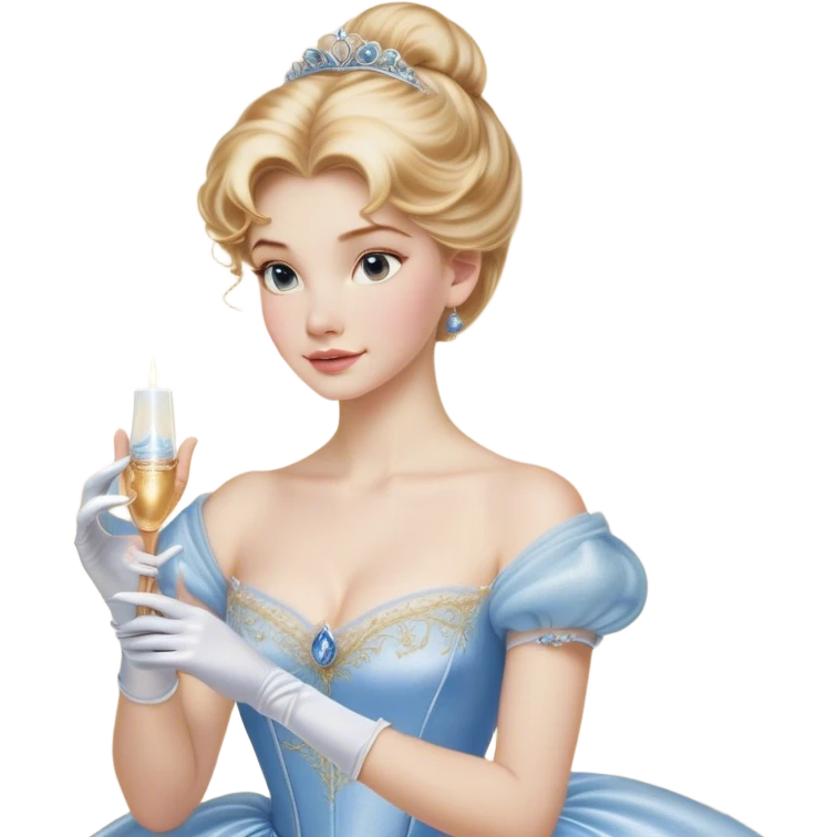 Cinematic Realistic Cinderella Portrait, depicted with lifelike skin texture, subtle rosy undertones, and soft natural lighting that enhances the gentle contours of her face. Her intricately detailed golden blonde hair is elegantly styled in an updo, with delicate wisps framing her face. Her deep, expressive blue eyes radiate warmth and sincerity, reflecting a quiet resilience and grace. She holds a glass slipper gently in one hand, her other hand resting gracefully at her side, emphasizing the timeless beauty of the moment. She is dressed in her iconic ball gown, the fabric shimmering with intricate embroidery and fine translucent layers that catch the light beautifully. The soft sheen of satin gloves adds a magical touch to her graceful pose. The portrait features an enchanting glow with a natural, luminous finish, seamlessly blending realism and fairytale charm to evoke a sense of depth, elegance, and timeless beauty. emoji